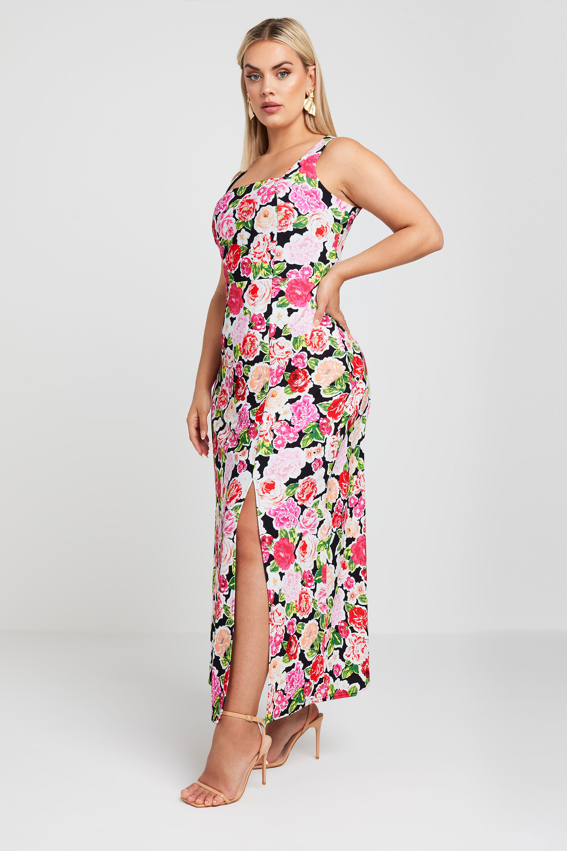 Yours YOURS Curve Pink Floral Print Square Neck Maxi Dress
