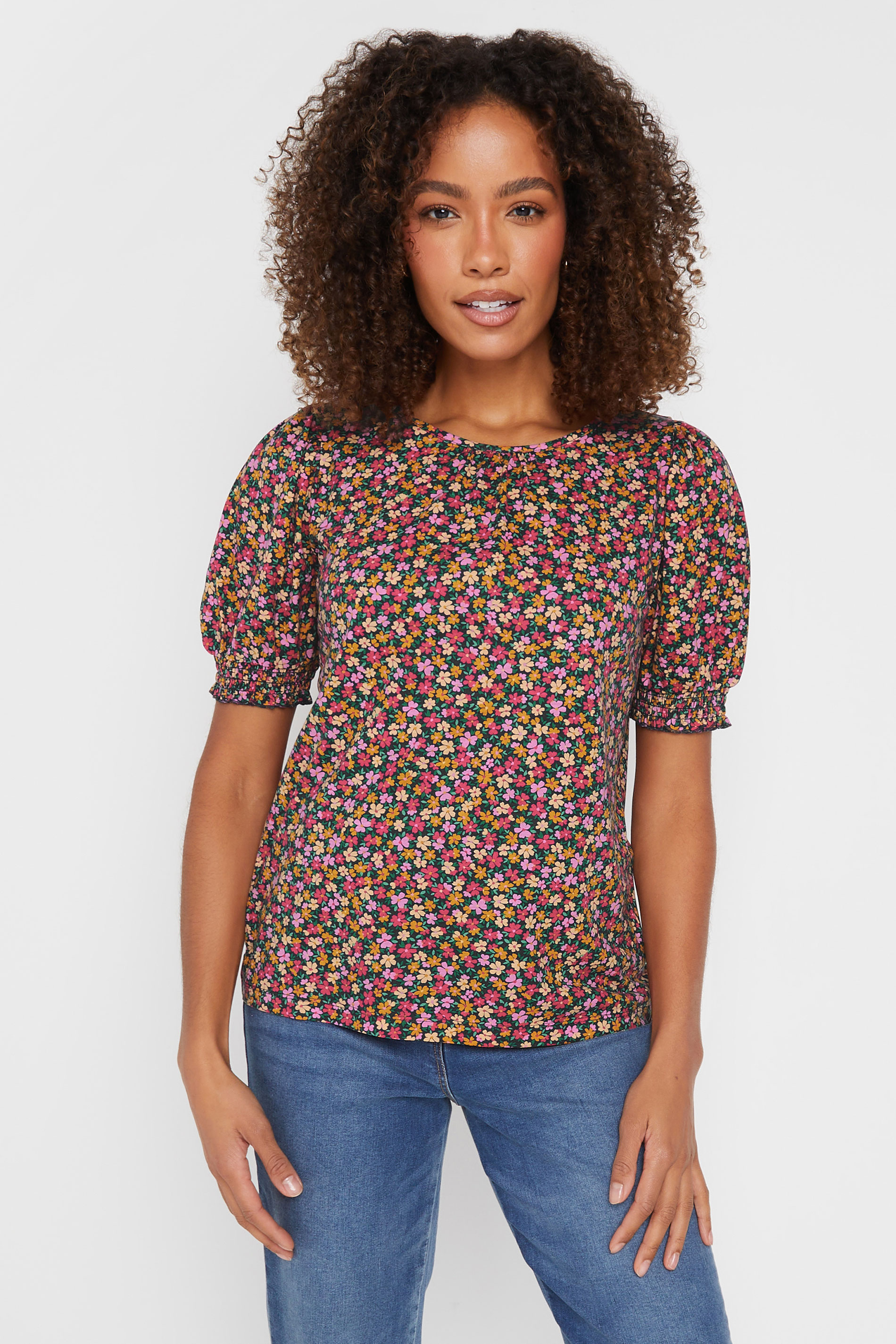 M&Co Womens M&Co Pink Floral Print Puff Sleeve T-Shirt