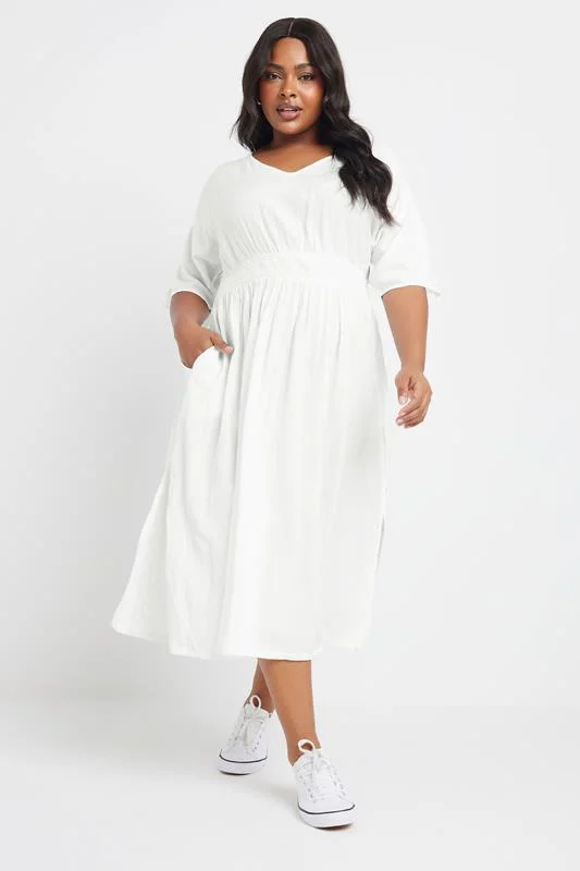 Yours YOURS Curve White Linen Shirred Midaxi Dress