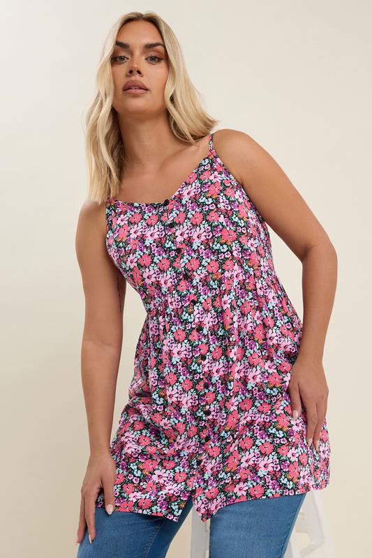 Yours YOURS Curve Pink Ditsy Floral Button Cami Vest Top
