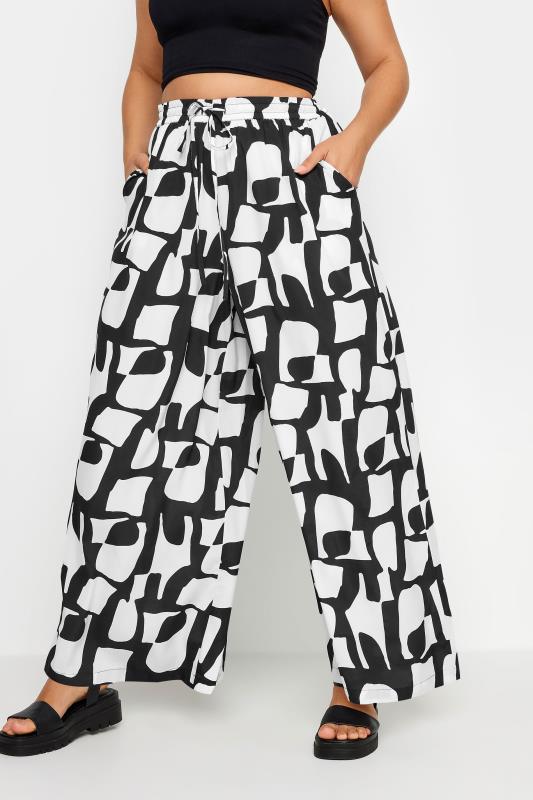 Yours YOURS Curve Black Abstract Print Drawstring Wide Leg Trousers