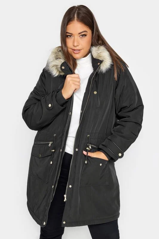 Yours YOURS Curve Black Faux Fur Trim Hooded Parka Coat