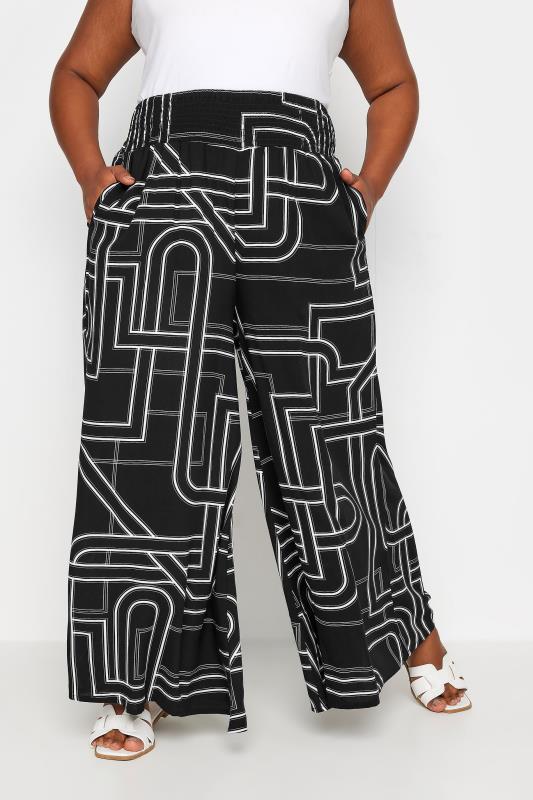Yours YOURS Curve Black Abstract Print Shirred Wide Leg Trousers