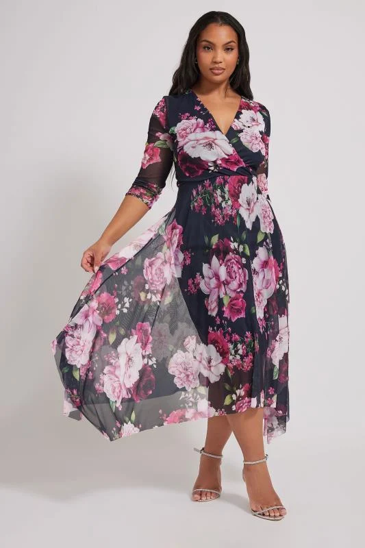 Yours London YOURS LONDON Curve Navy Blue Floral Hanky Hem Wrap Mesh Dress