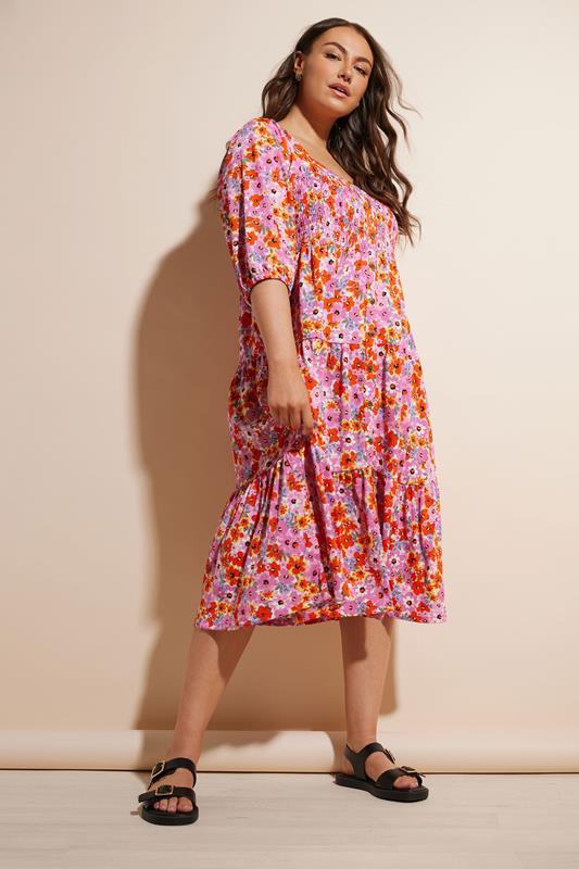 Yours YOURS Curve Pink Floral Print Tiered Midi Dress