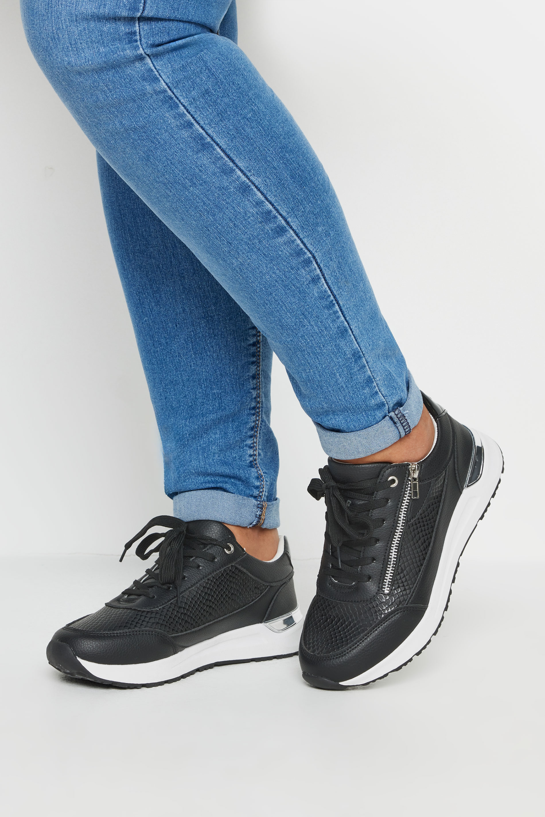 Yours Black & Silver Zip Detail Trainers In Wide E Fit