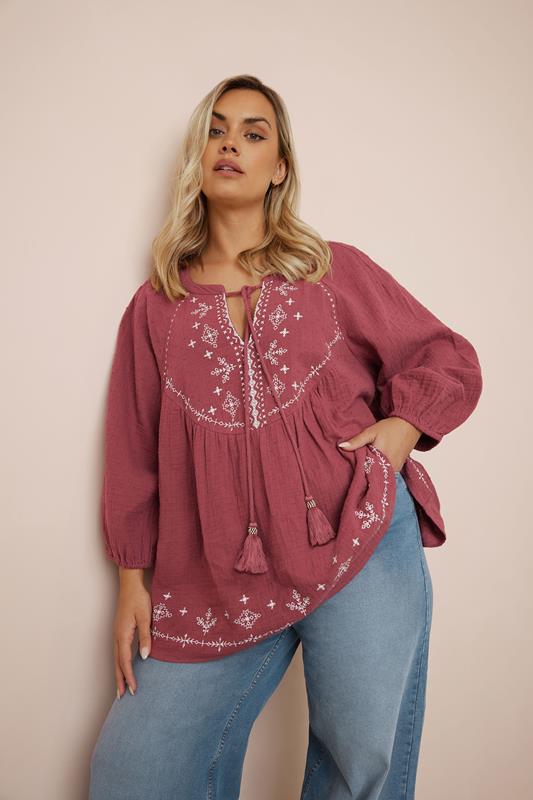 Yours YOURS Curve Dark Red Embroidered Tie Neck Blouse