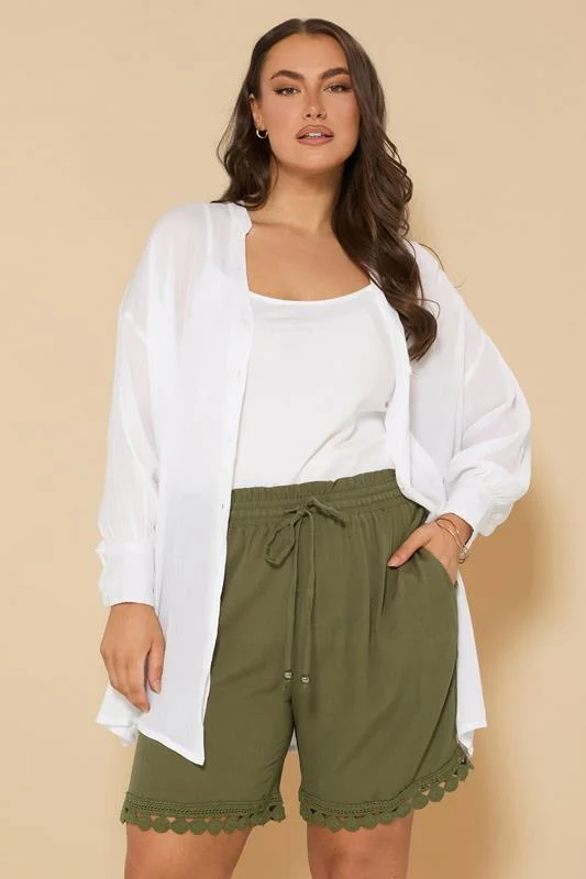 Yours YOURS Curve Khaki Green Crochet Trim Crinkle Shorts
