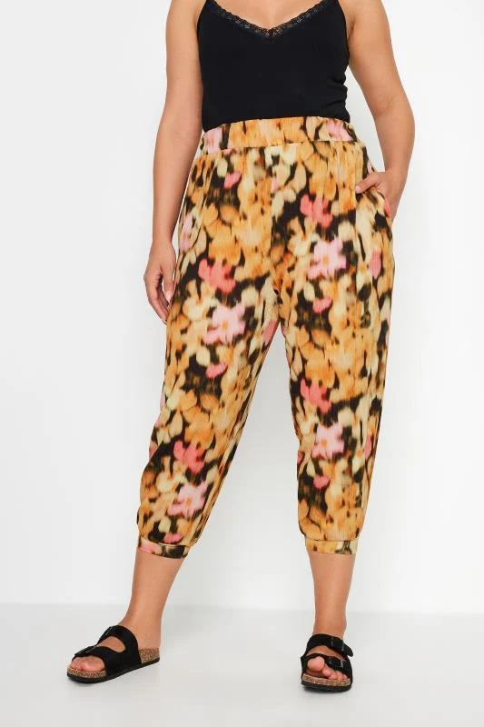 Yours YOURS Curve Orange Floral Print Textured Cropped Harem Trousers