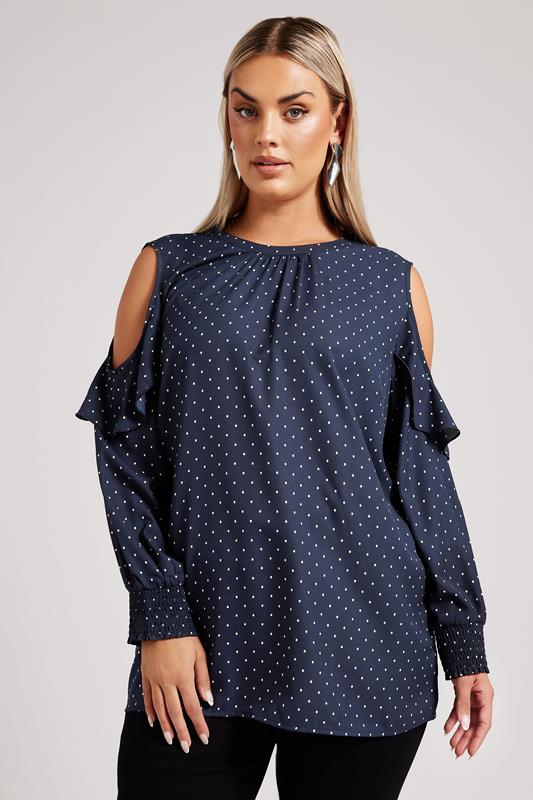 Yours London YOURS LONDON Curve Navy Blue Spot Print Cold Shoulder Blouse