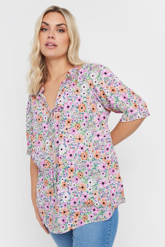 Yours YOURS Curve Pink Floral Print Tie Neck Blouse