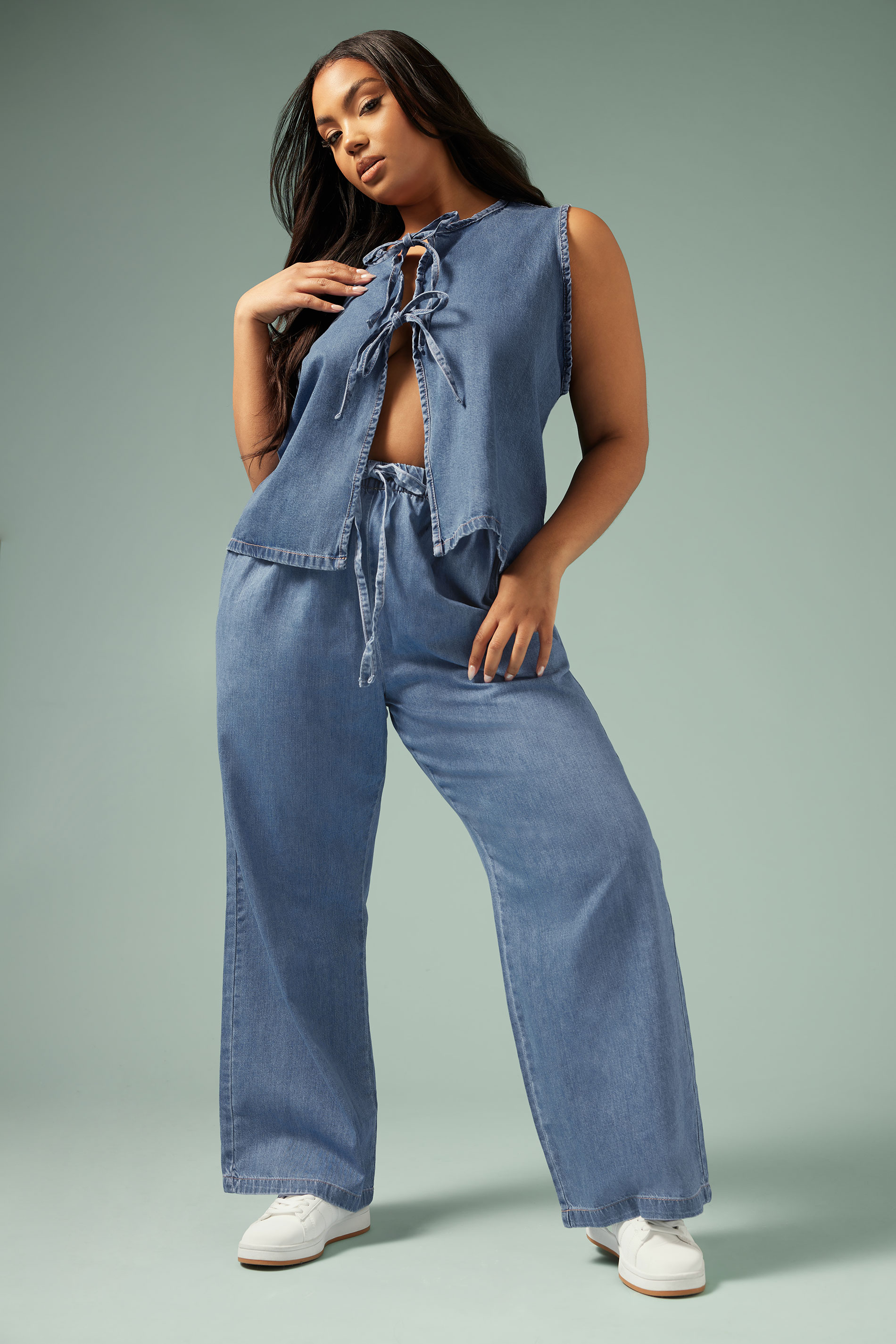 Yours YOURS Curve Mid Blue Tie Detail Denim Jeans