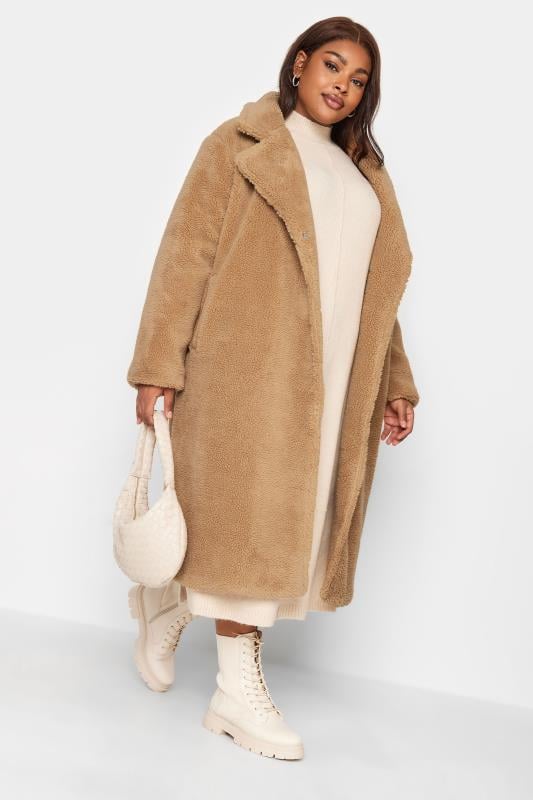 Yours YOURS Curve Camel Brown Teddy Maxi Coat