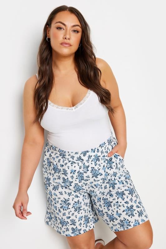 Yours YOURS Curve White Vintage Floral Textured Shorts