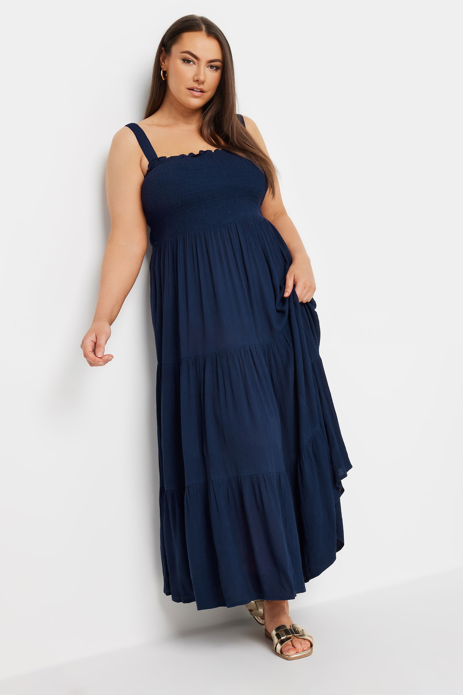 Yours YOURS Curve Navy Blue Shirred Tiered Maxi Dress