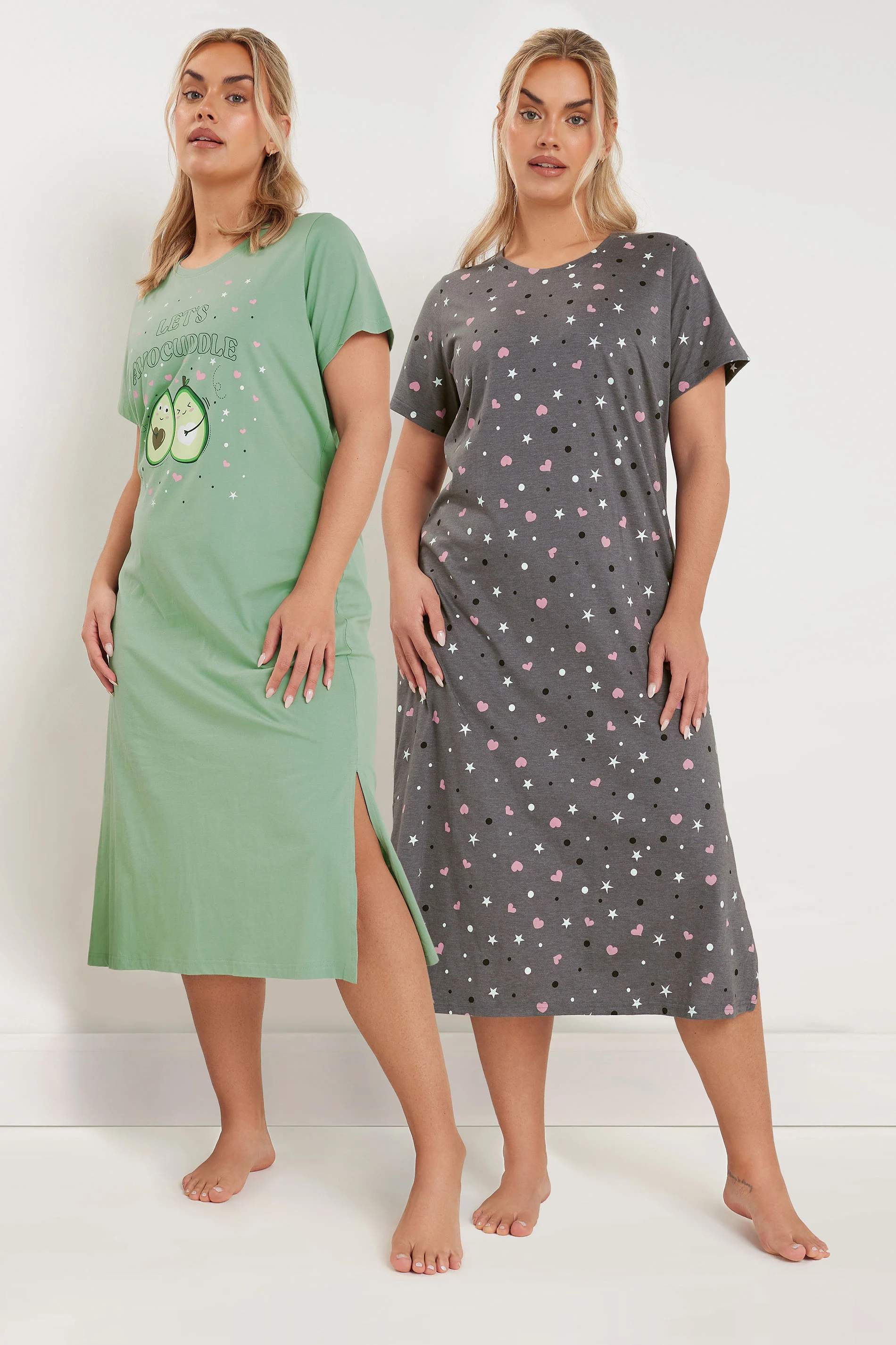 Yours YOURS Curve 2 PACK Light Green 'Let's Avocuddle' Slogan Printed Nightdresses