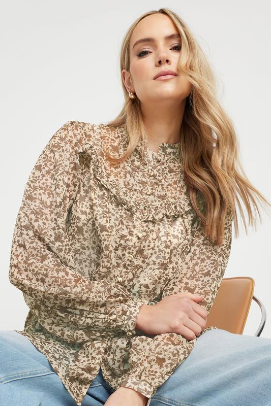 LTS LTS Tall Beige Brown Sheer Floral Frill Blouse