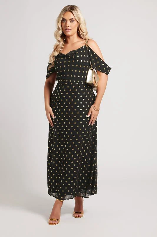 Yours London YOURS LONDON Curve Black Cold Shoulder Metallic Dot Dress