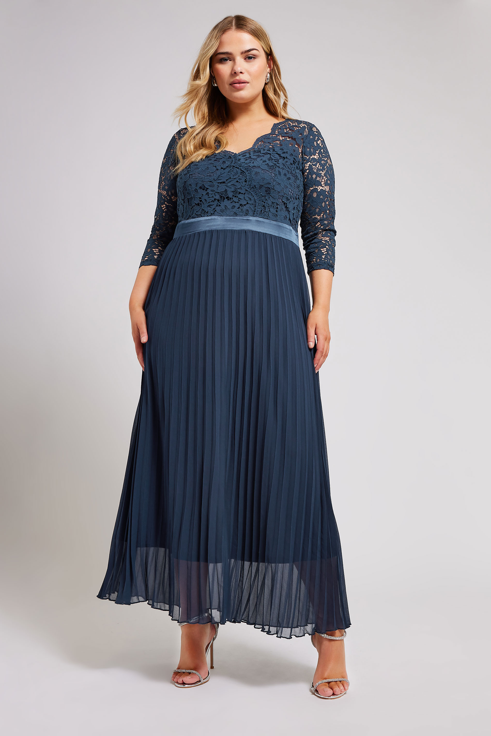 Yours London YOURS LONDON Curve Navy Blue Lace Wrap Pleated Maxi Dress