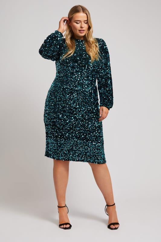 Yours London YOURS LONDON Curve Blue Sequin Velvet Shift Dress