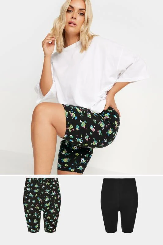 Yours YOURS 2 PACK Curve Black Floral Print Cycling Shorts