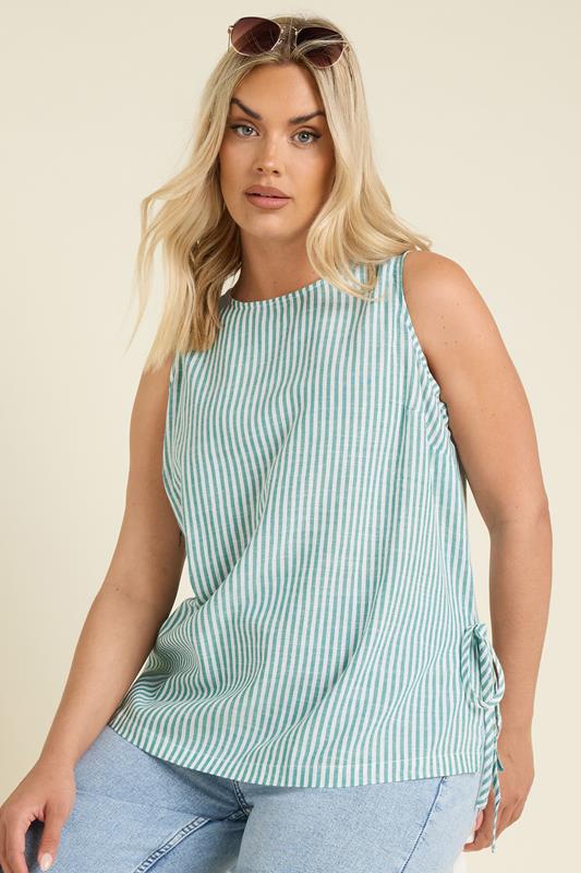Yours YOURS Curve Green Stripe Tie Side Linen Vest Top