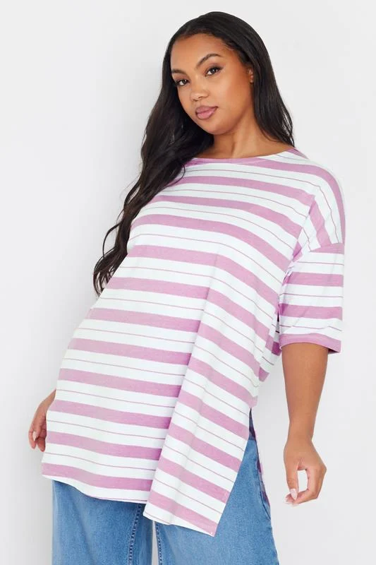 Yours YOURS Curve White & Pink Stripe Longline T-Shirt