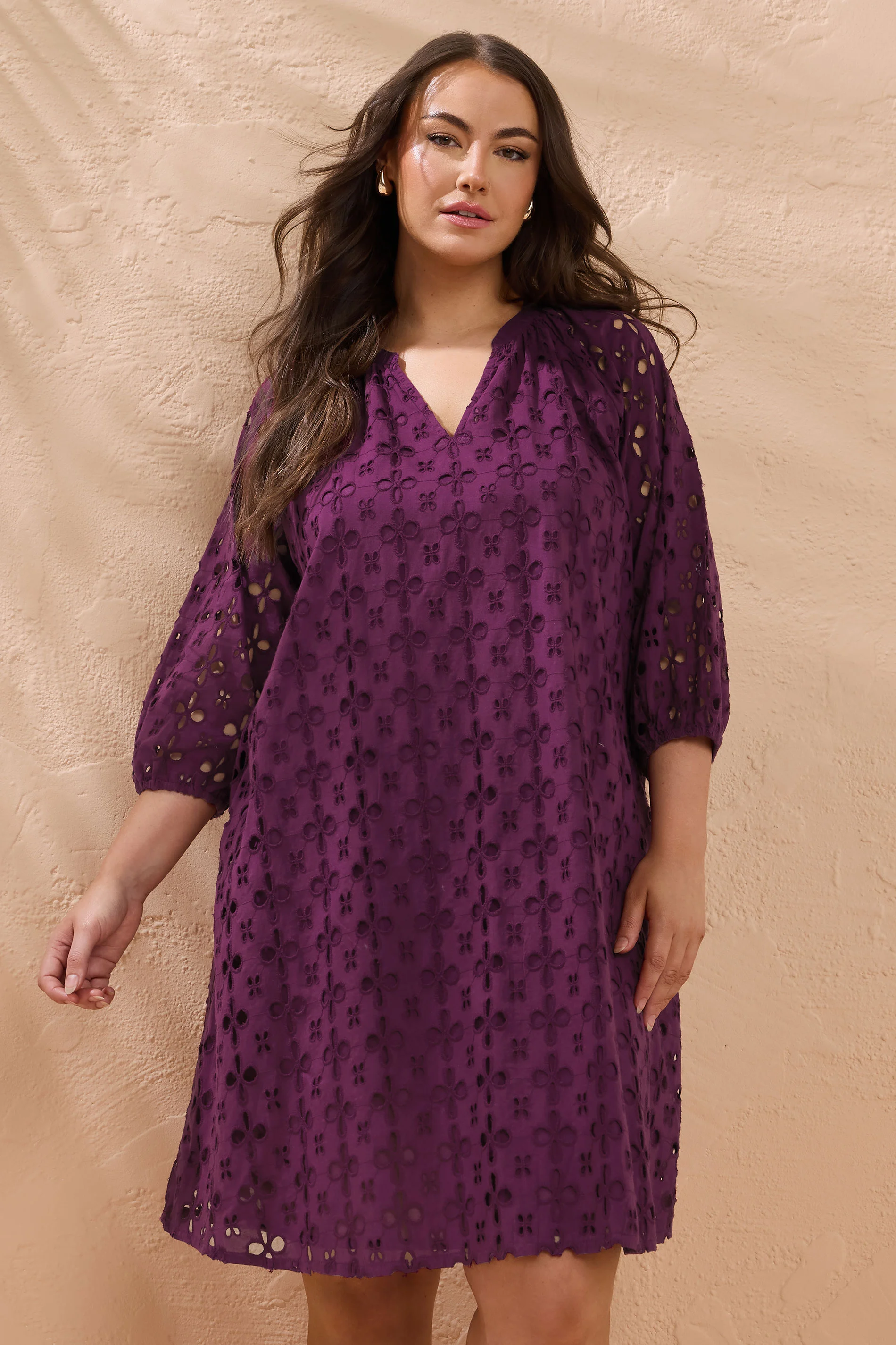 Evans EVANS Curve Purple Long Sleeve Broderie Dress