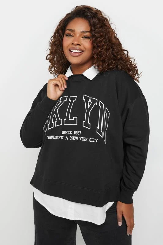 Yours YOURS Curve Black 'BKLYN' 2-In-1 Sweatshirt