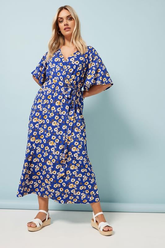 Yours YOURS Curve Blue Floral Print Wrap Midaxi Dress