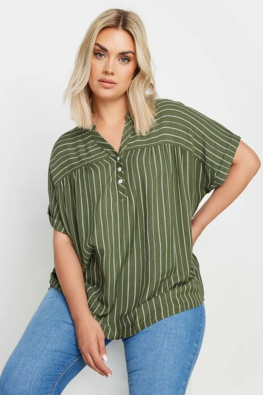 Yours YOURS Curve Khaki Green Stripe Notch Neck Blouse