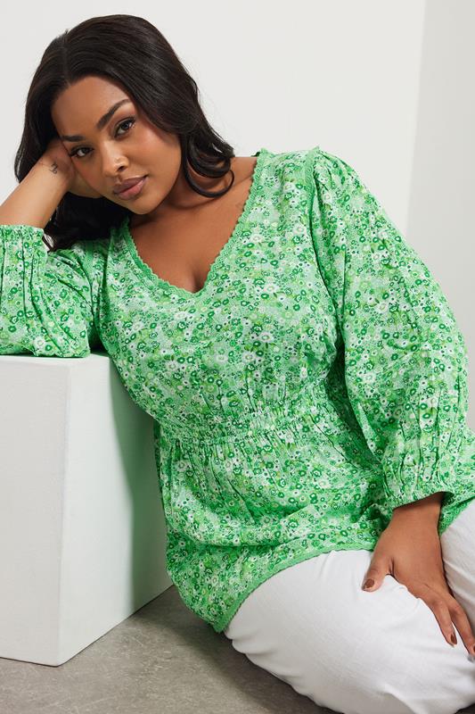 Yours YOURS Curve Green Ditsy Floral Print Smock Top