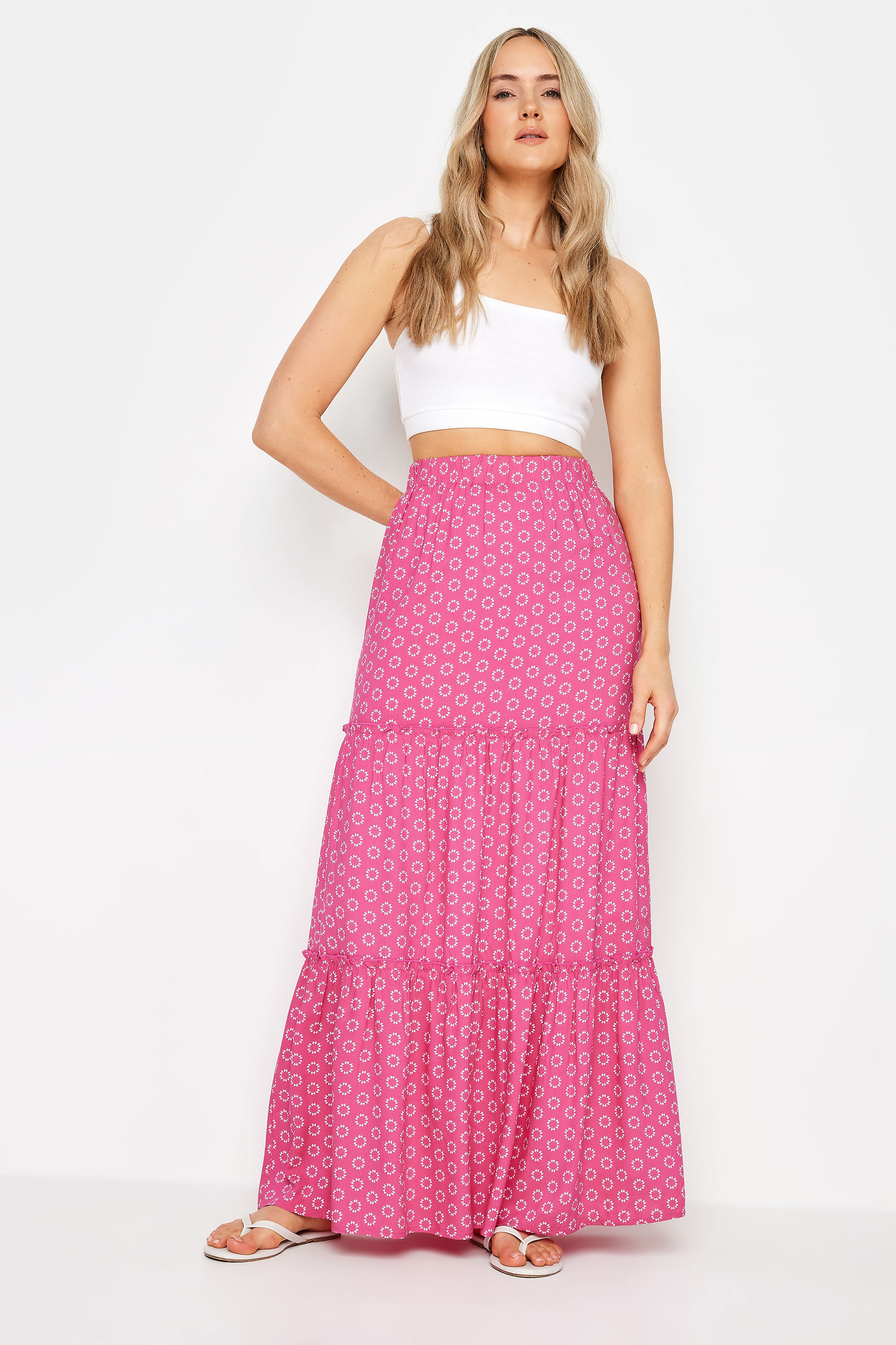 LTS LTS Tall Pink Abstract Floral Print Tiered Maxi Skirt