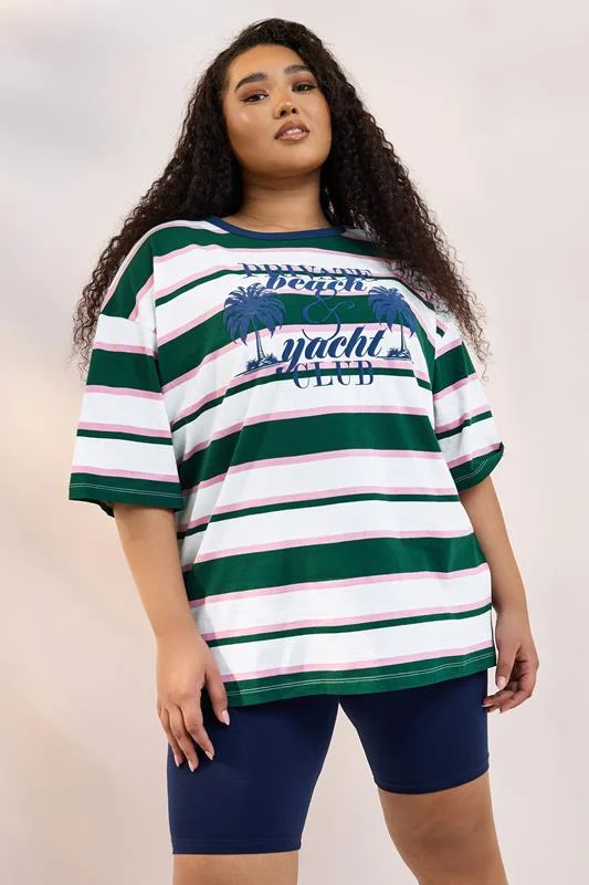 Yours YOURS Curve Green 'Beach Club' Slogan Stripe T-Shirt