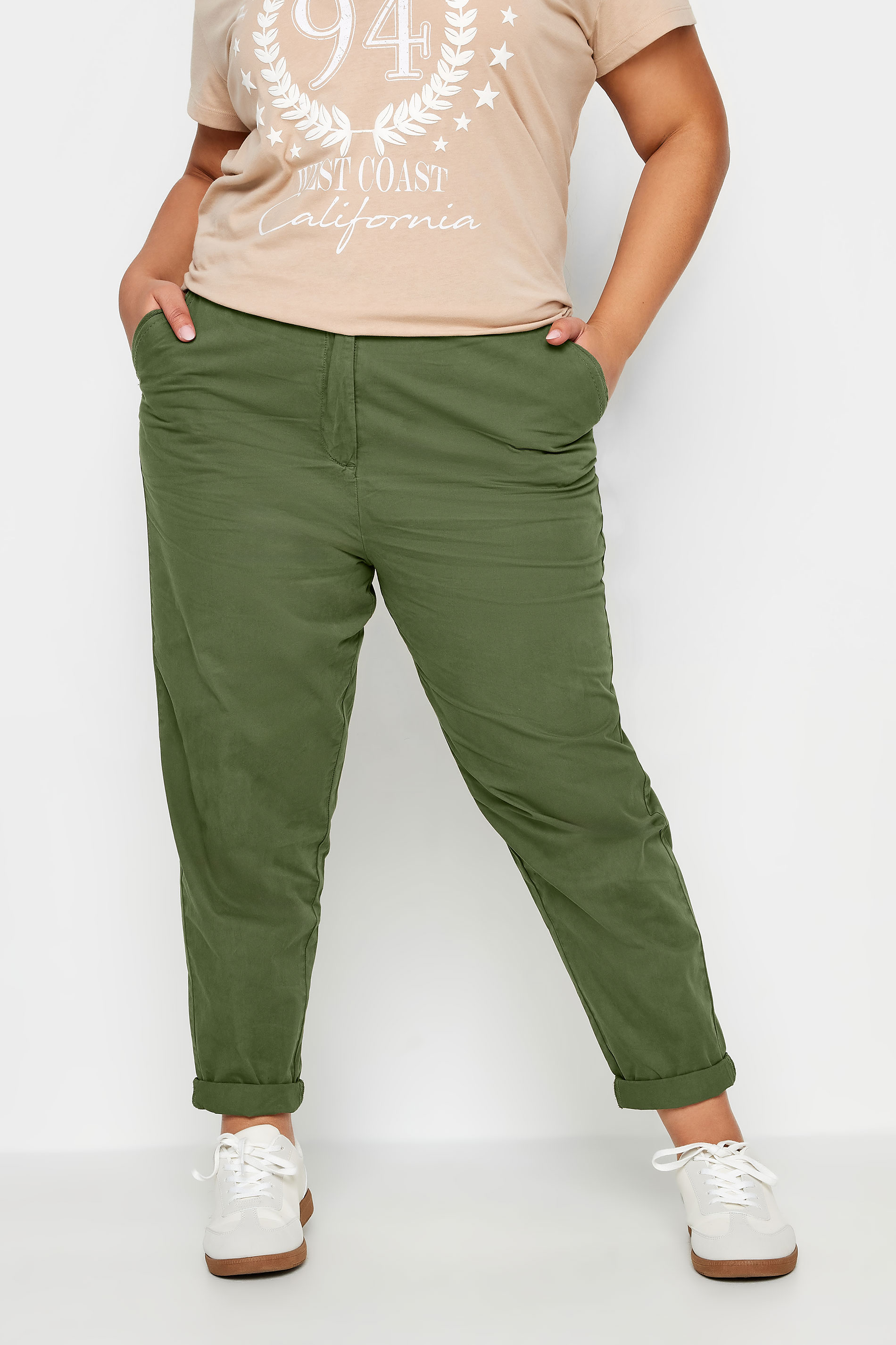 Yours YOURS Curve Khaki Green Straight Leg Chino Trousers