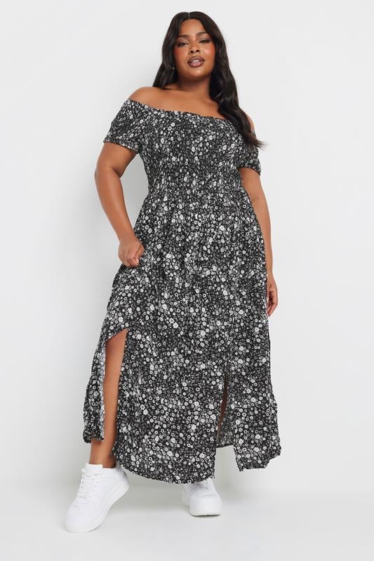 Yours YOURS Curve Black Ditsy Floral Print Shirred Bardot Maxi Dress