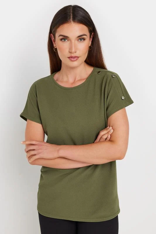 LTS LTS Tall Khaki Green Shoulder Button Detail Top