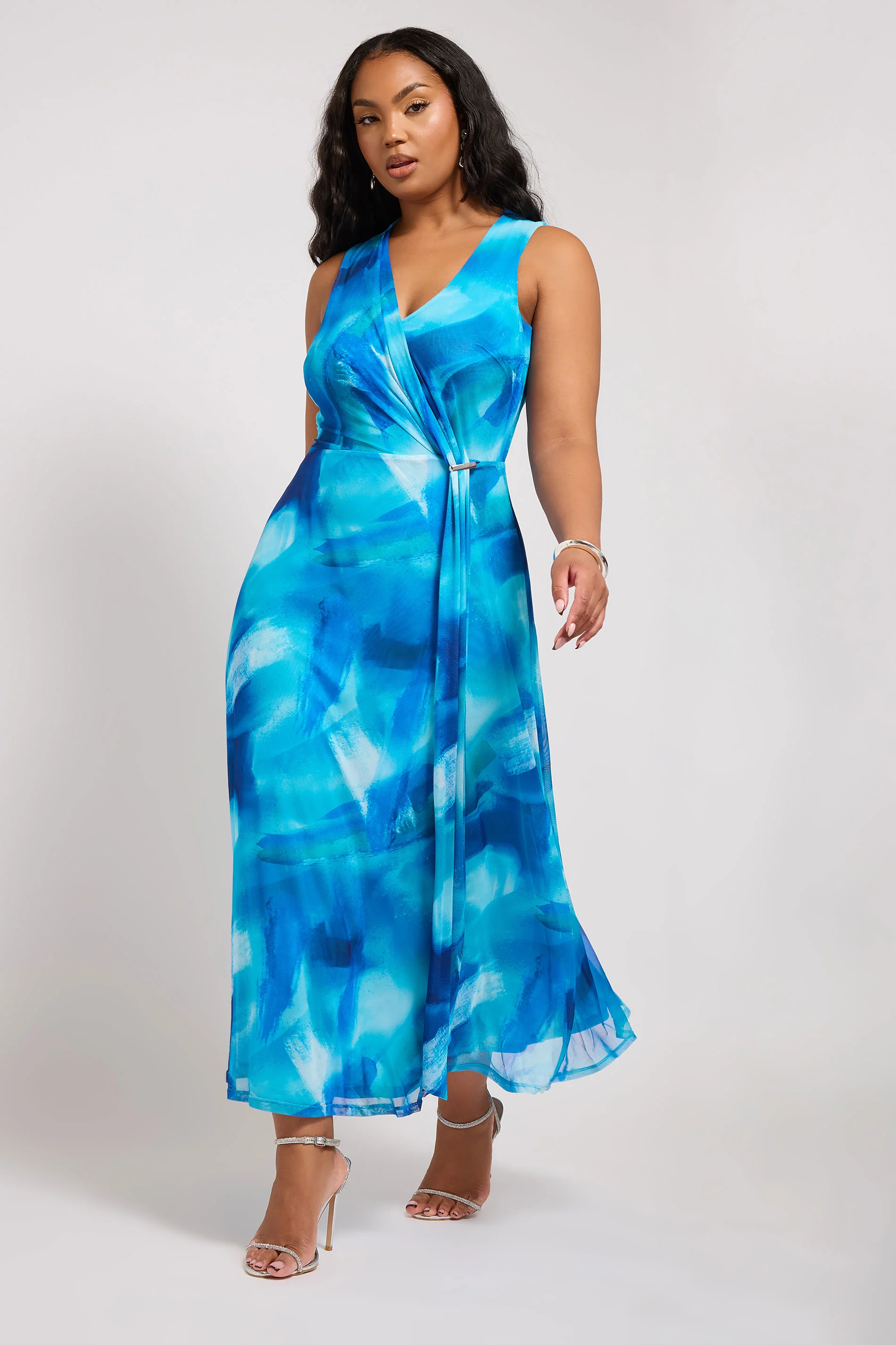 Yours London YOURS LONDON Curve Blue Floral Mesh Draped Maxi Dress