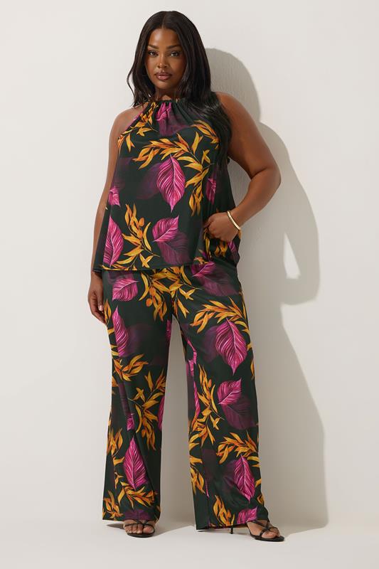 Limited Collection LIMITED COLLECTION Curve Black Tropical Palm Halter Neck Top