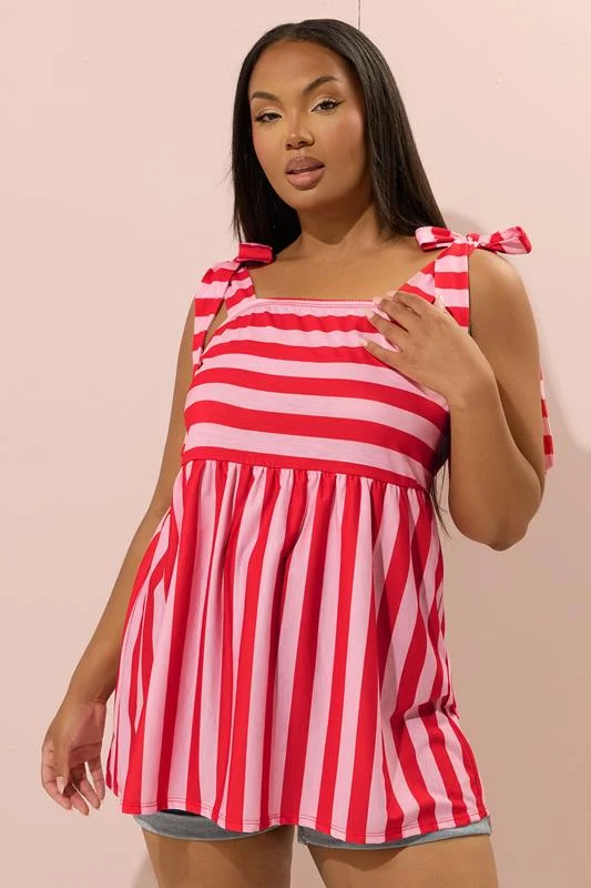 Yours YOURS Curve Red Stripe Tie Sleeve Peplum Top