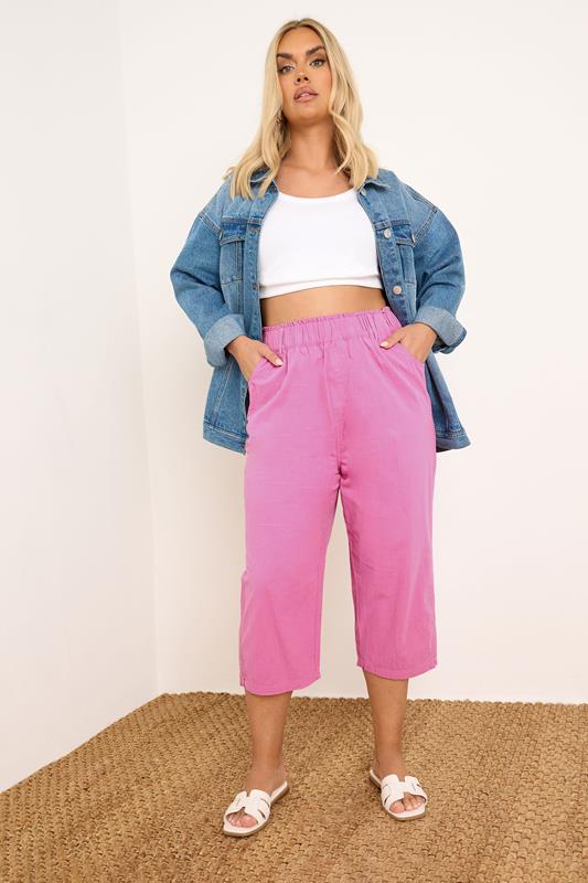 Yours YOURS Curve Hot Pink Cool Cotton Cropped Trousers