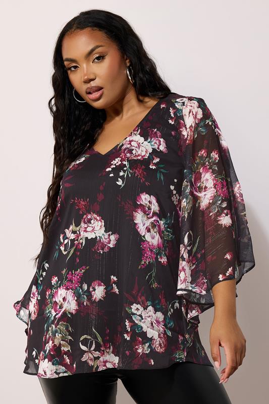 Yours London YOURS LONDON Curve Black Metallic Floral Print Cape Blouse