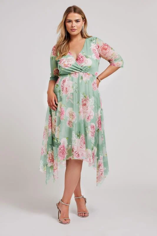 Yours London YOURS LONDON Curve Green Floral Print Hanky Hem Dress