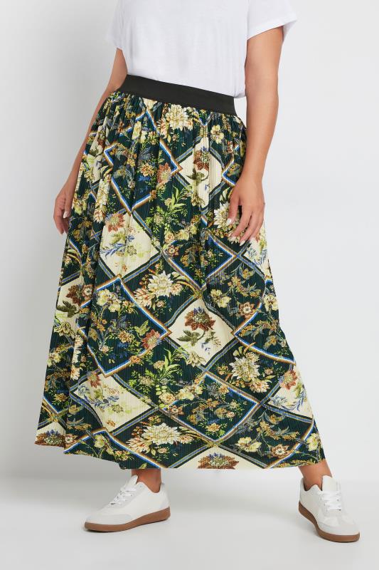Yours YOURS Curve Green Geometric Floral Print Pleated Skirt