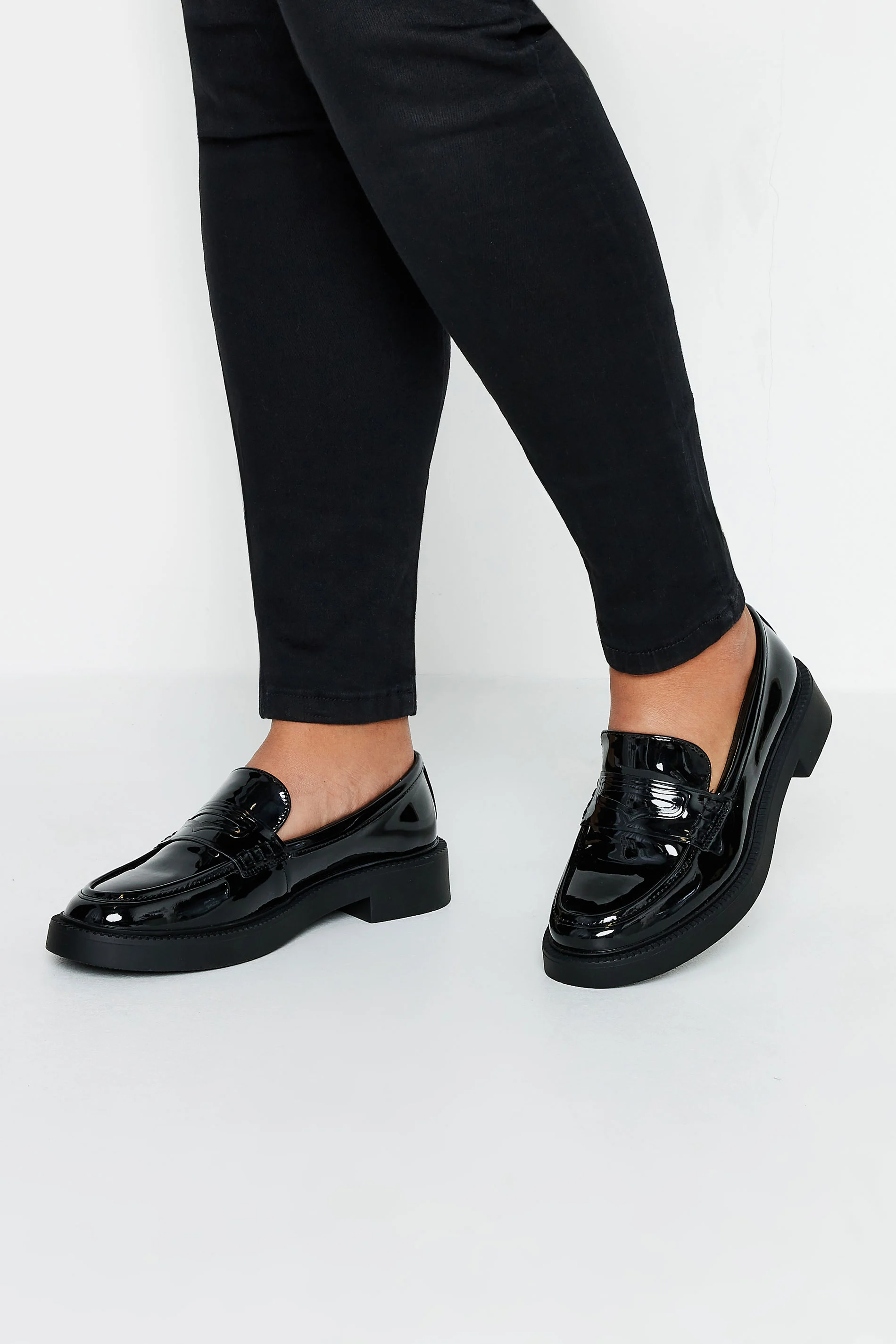 Yours Black Patent Chunky Slip On Loafers In Wide E Fit & Extra Wide EEE Fit