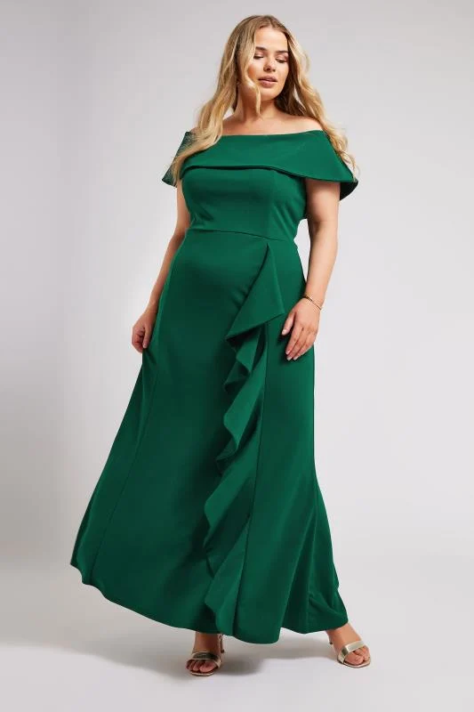 Yours London YOURS LONDON Curve Emerald Green Ruffle Bardot Maxi Dress