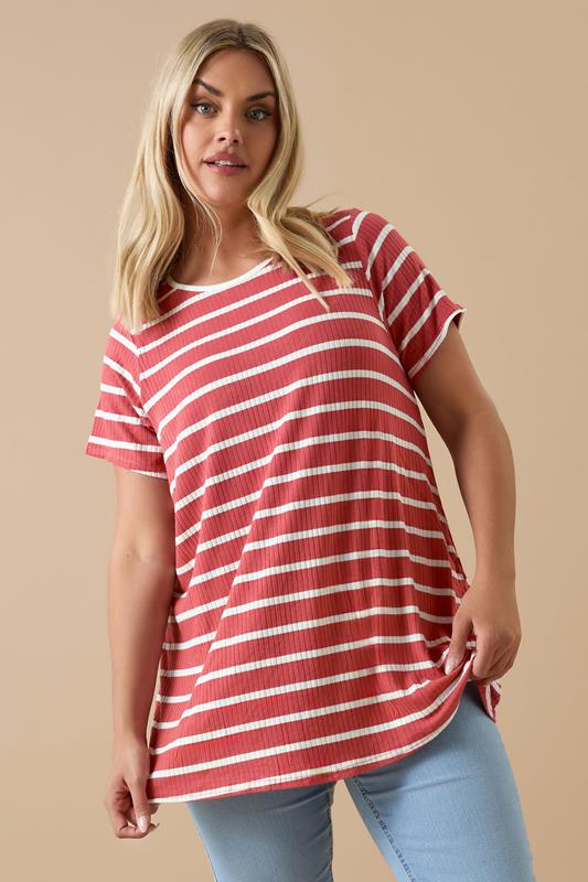 Yours YOURS Curve Red Stripe Ribbed Swing T-Shirt