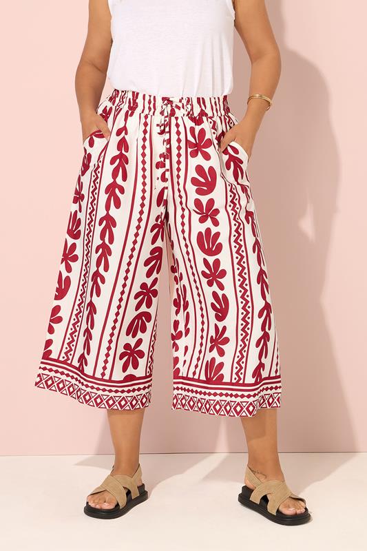 Yours YOURS Curve Red Aztec Leaf Midaxi Culottes