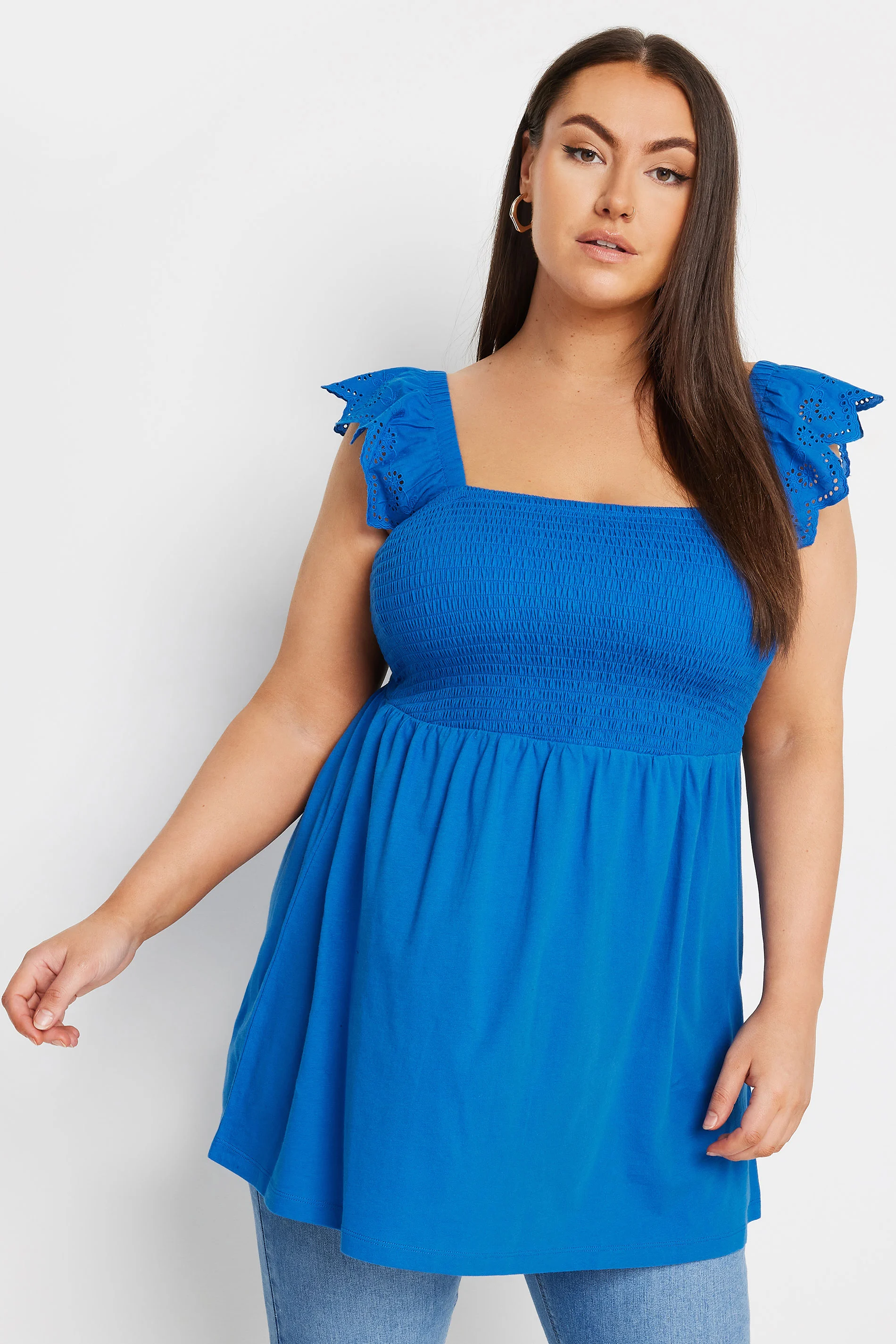 Yours YOURS Curve Cobalt Blue Broderie Anglaise Peplum Top
