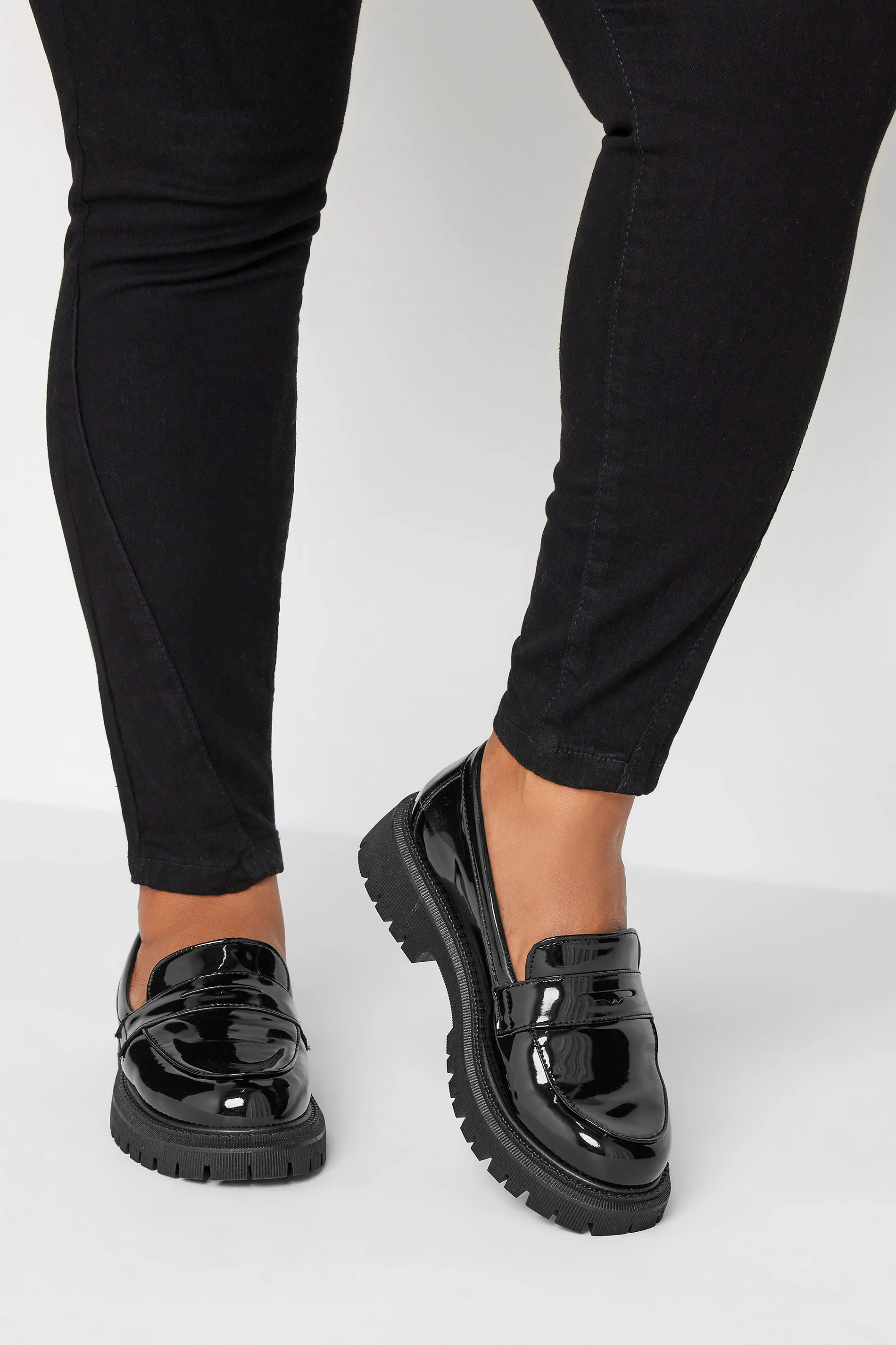 Yours Black Patent Chunky Saddle Loafers In E Wide Fit & EEE Extra Wide Fit